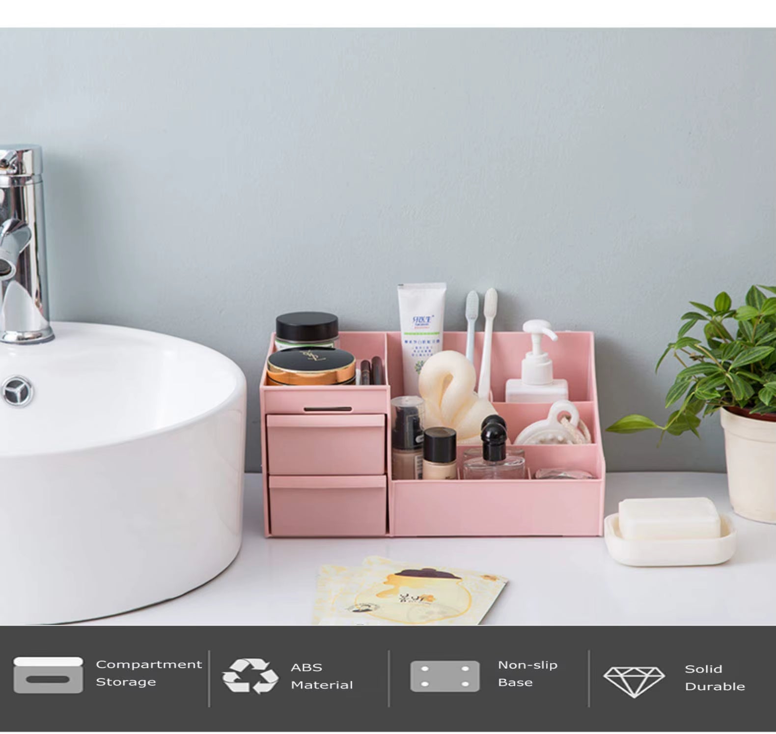 Make-up organizer voor op het aanrecht, badkamer, bureau, cosmetica opbergdoos met lades voor lippenstift, kwasten, lotions en oogschaduw