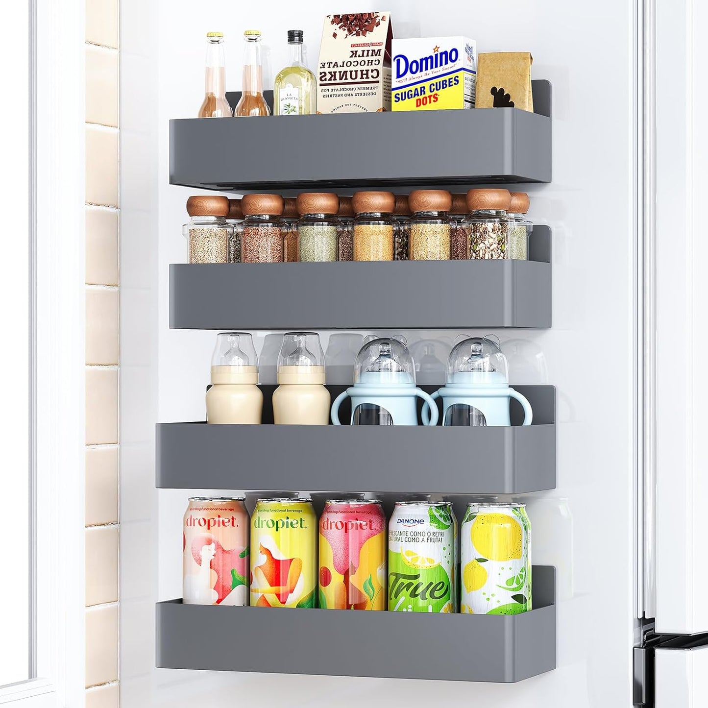 Magnetic Spice Rack for Refrigerator, Kitchen Organizer and Storage Shelf, Black (4 Pack)…