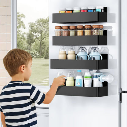 Magnetic Spice Rack for Refrigerator, Kitchen Organizer and Storage Shelf, Black (4 Pack)…