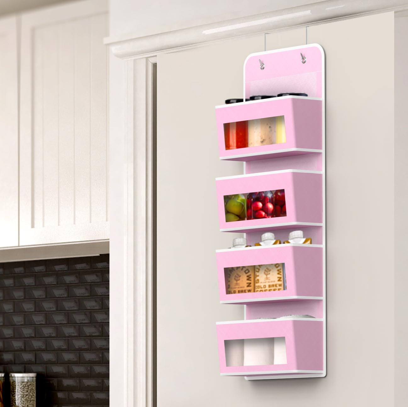 4 Clear Window Pocket over Closet Door Storage Hanging Organizer for Bedroom, Bathroom, Pantry, Pink