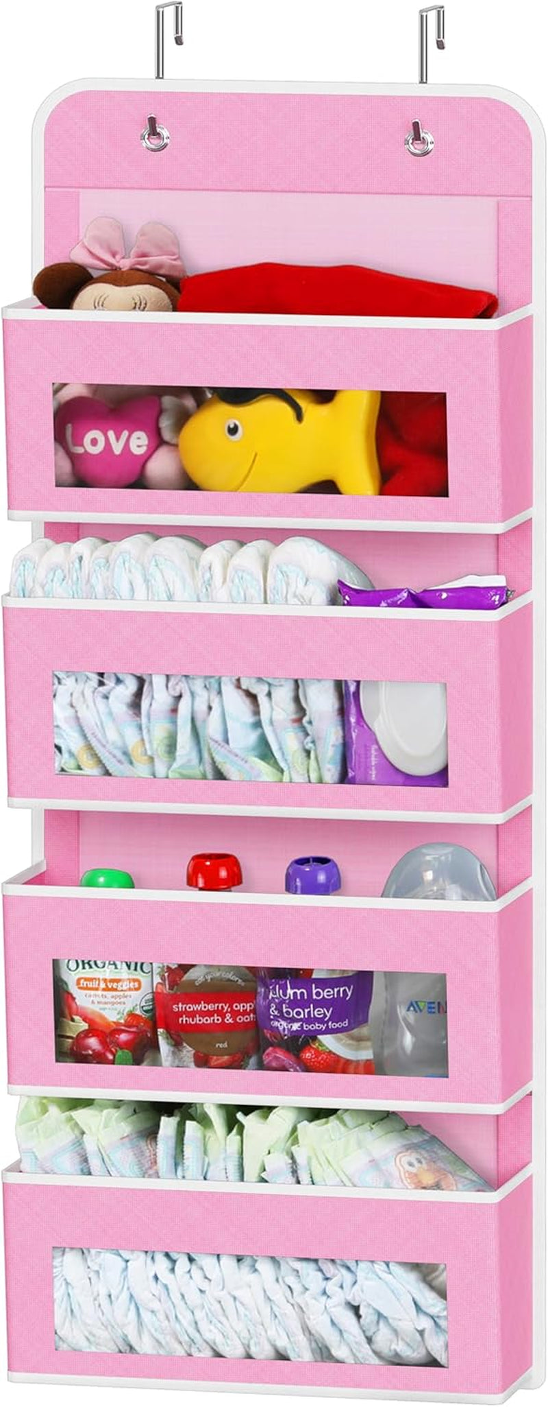 4 Clear Window Pocket over Closet Door Storage Hanging Organizer for Bedroom, Bathroom, Pantry, Pink