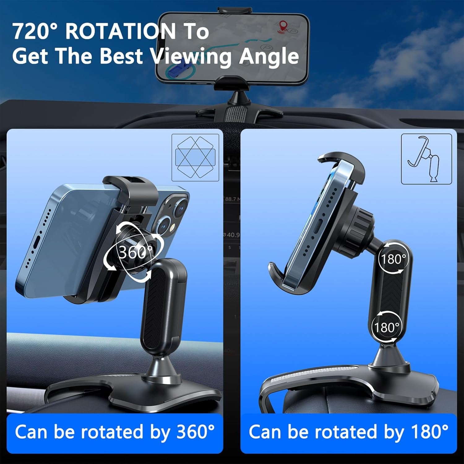 360° Dashboard Phone Clip Holder - Universal Clamp for 4-7” Smartphones (Black)