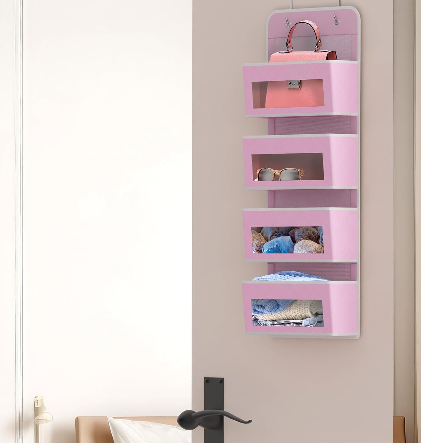4 Clear Window Pocket over Closet Door Storage Hanging Organizer for Bedroom, Bathroom, Pantry, Pink
