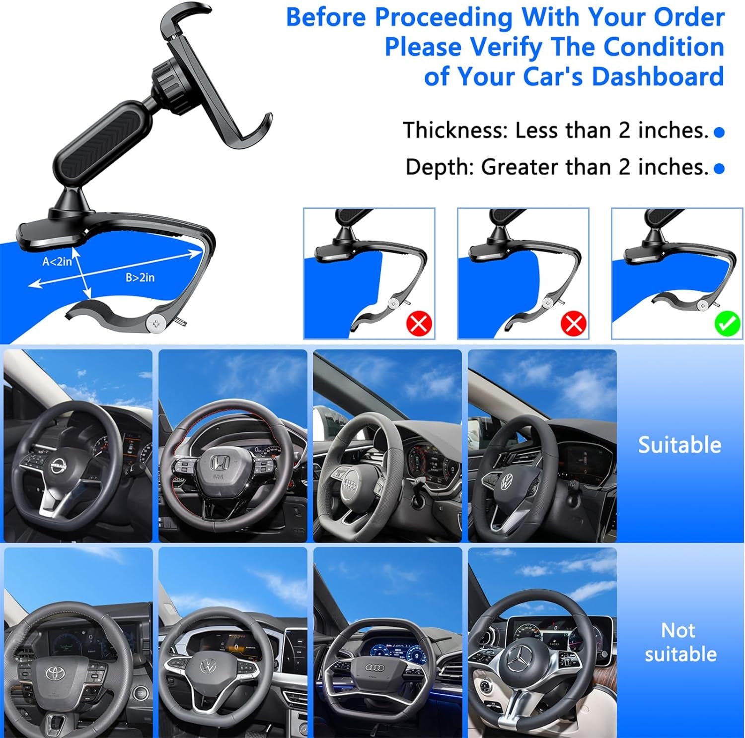 360° Dashboard Phone Clip Holder - Universal Clamp for 4-7” Smartphones (Black)