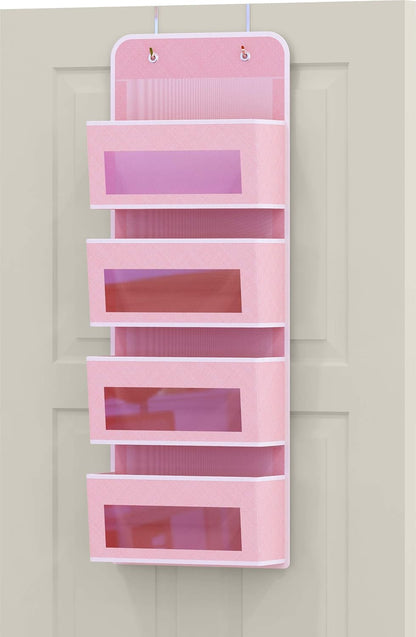 4 Clear Window Pocket over Closet Door Storage Hanging Organizer for Bedroom, Bathroom, Pantry, Pink