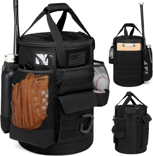 Baseball Bucket Bag Baseball Coaching Accessories Organizer Tactical Style Softball Bucket Bag with Anti-Slip Bottom, Multiple Pockets for Bat, Gloves, Scoreboards