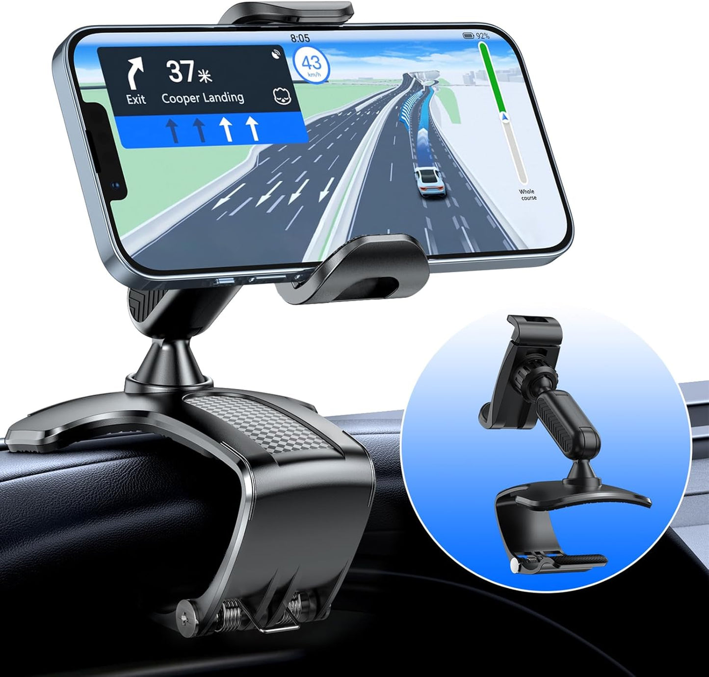 360° Dashboard Phone Clip Holder - Universal Clamp for 4-7” Smartphones (Black)