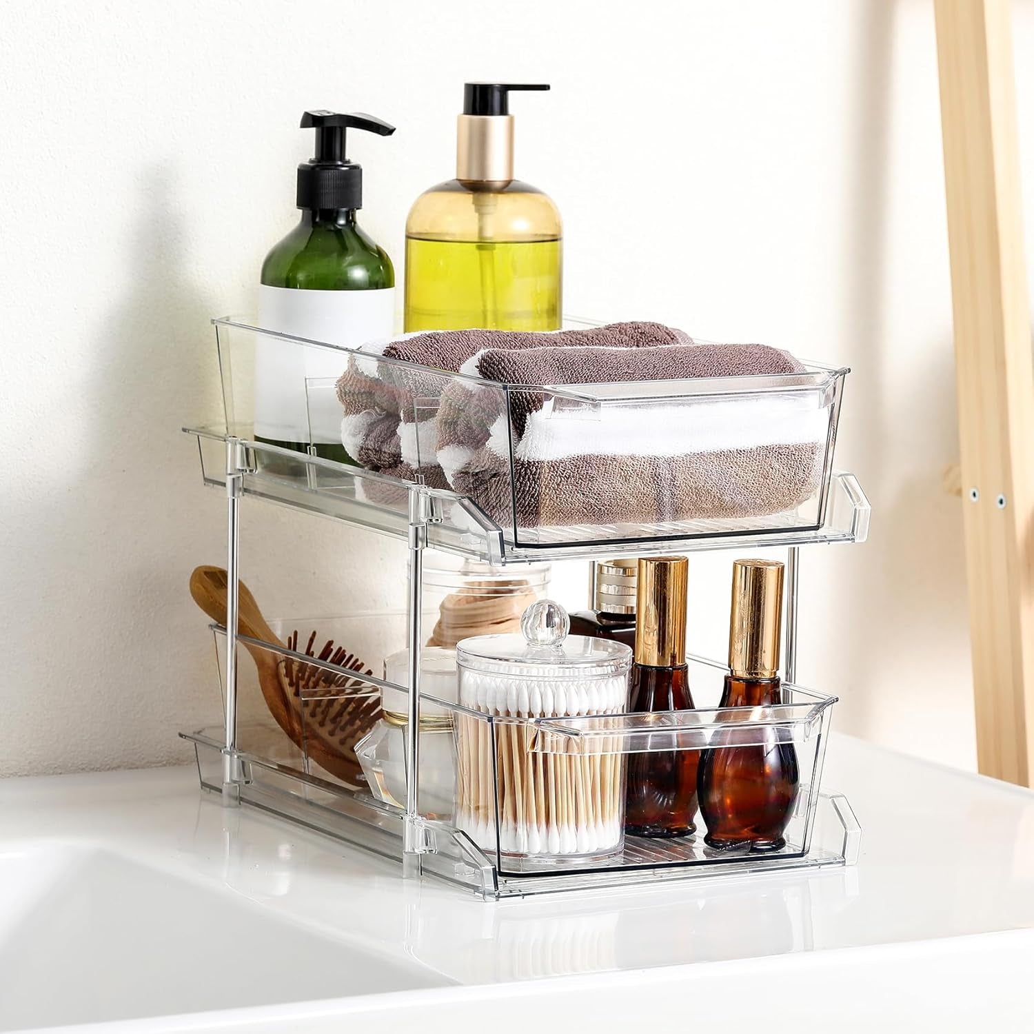 2 Set, 2 Tier Clear Organizer with Dividers for Cabinet, Shlef, Counter - Multiuse Slide-Out Storage Container - Kitchen, Pantry, Medicine Cupboard Bins, Bathroom, Vanity Makeup, under Sink Organizing