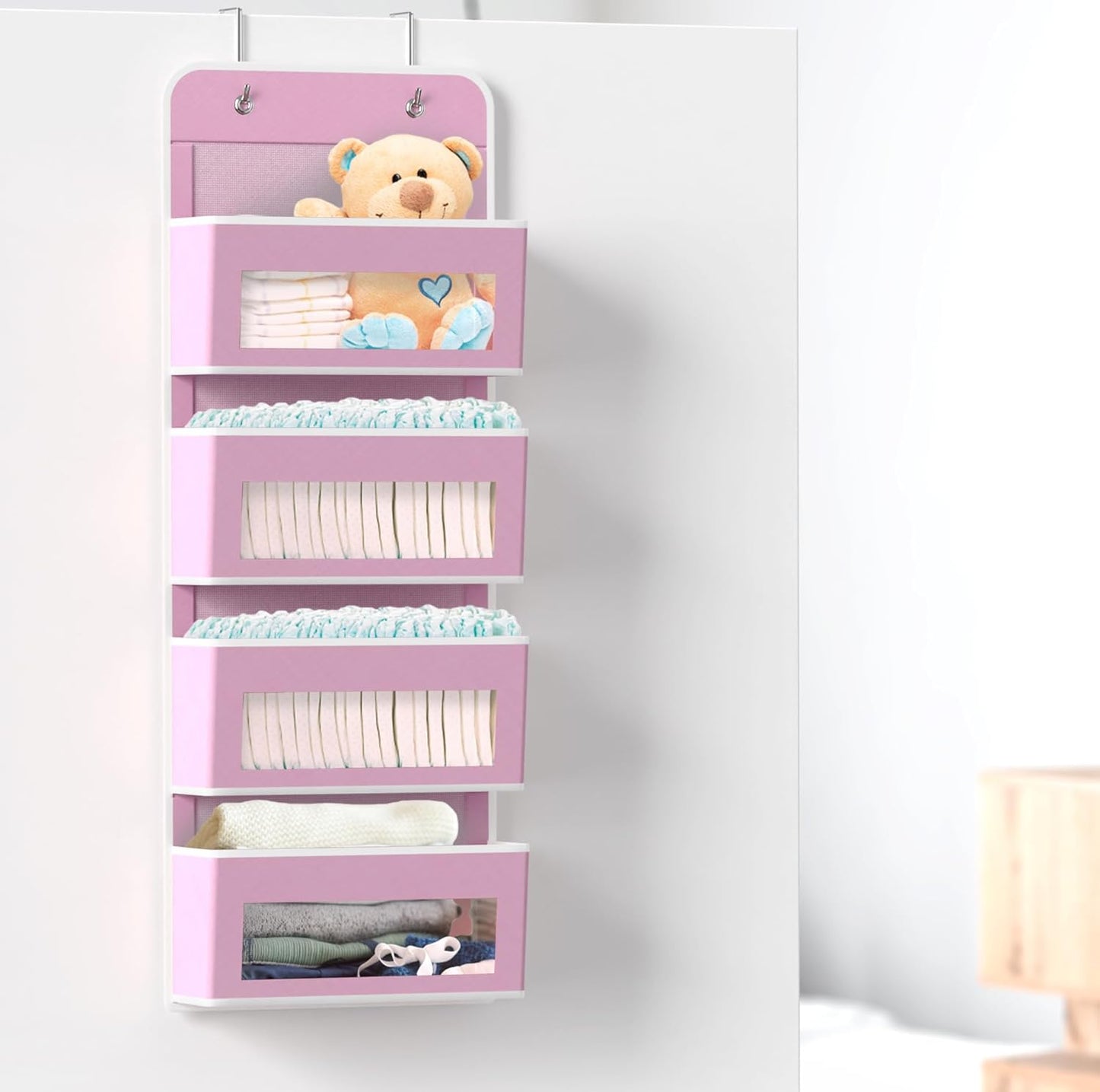 4 Clear Window Pocket over Closet Door Storage Hanging Organizer for Bedroom, Bathroom, Pantry, Pink