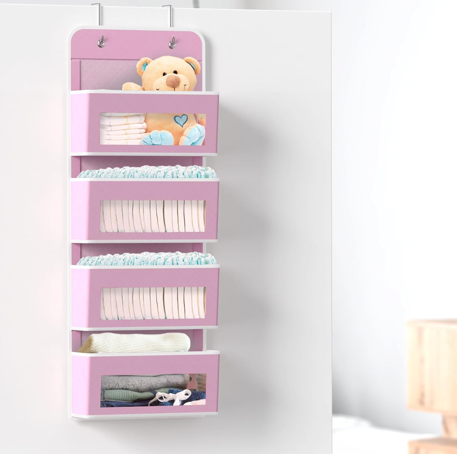 4 Clear Window Pocket over Closet Door Storage Hanging Organizer for Bedroom, Bathroom, Pantry, Pink