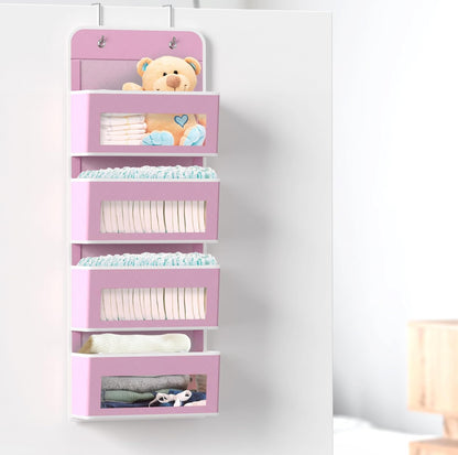 4 Clear Window Pocket over Closet Door Storage Hanging Organizer for Bedroom, Bathroom, Pantry, Pink