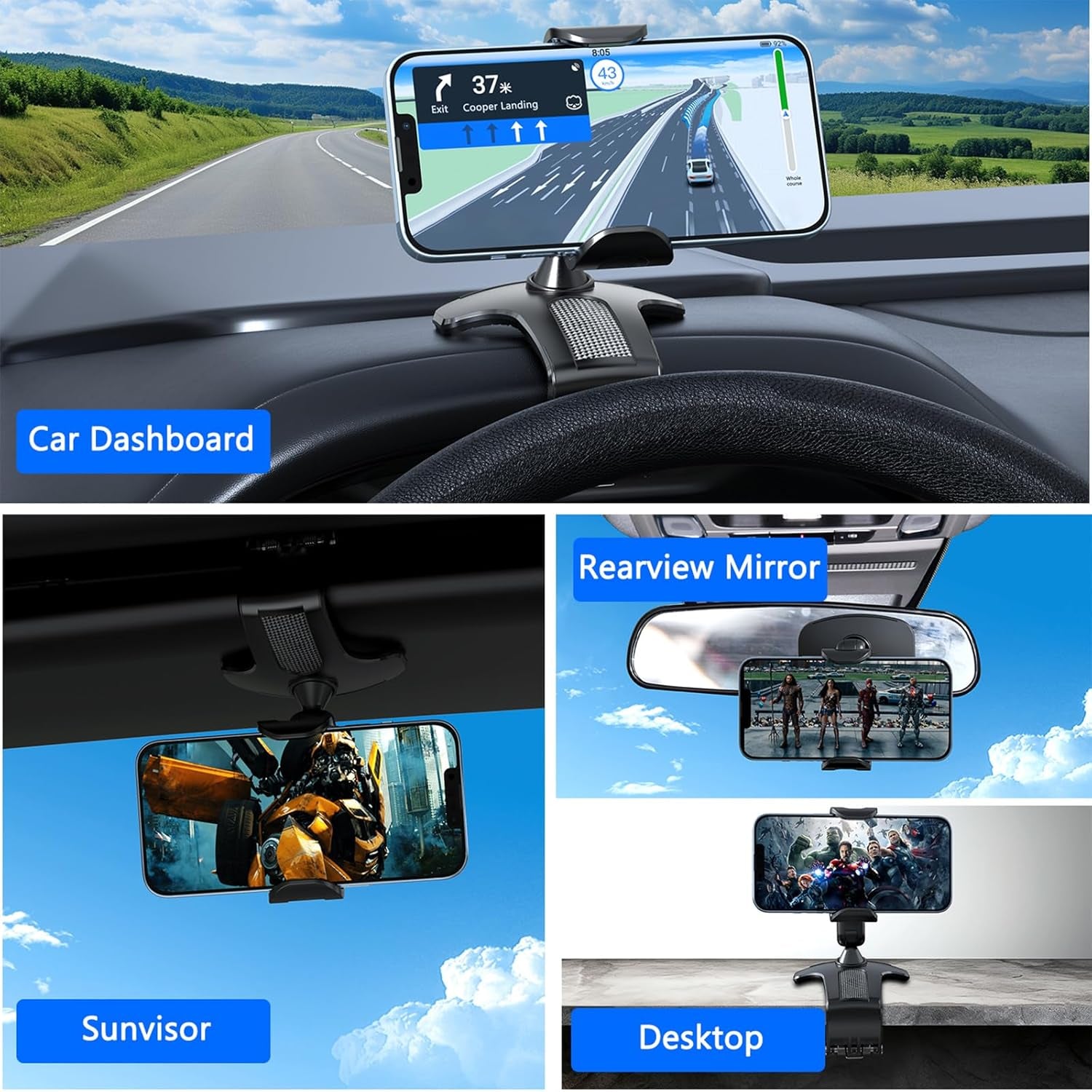 360° Dashboard Phone Clip Holder - Universal Clamp for 4-7” Smartphones (Black)
