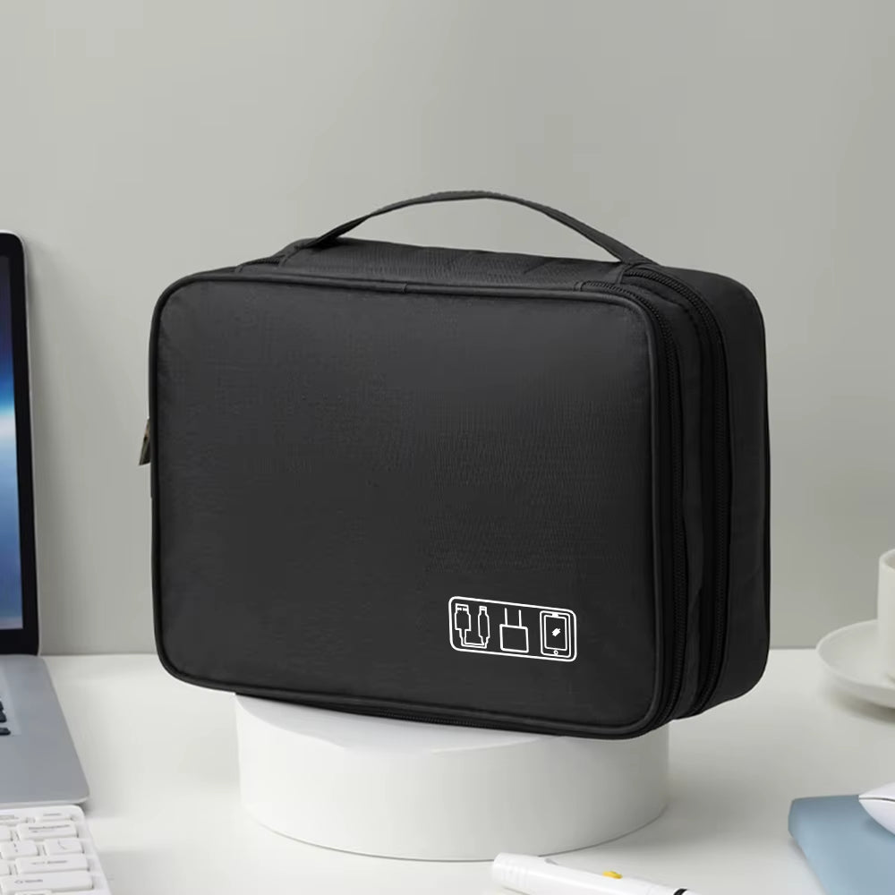 Black Oxford Cloth Electronic Accessory Storage Bag, Cube Travel Bag, Portable Data Cable Headphone Organizer Bag Office Suppli
