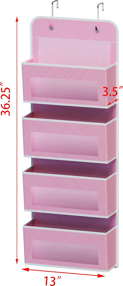 4 Clear Window Pocket over Closet Door Storage Hanging Organizer for Bedroom, Bathroom, Pantry, Pink