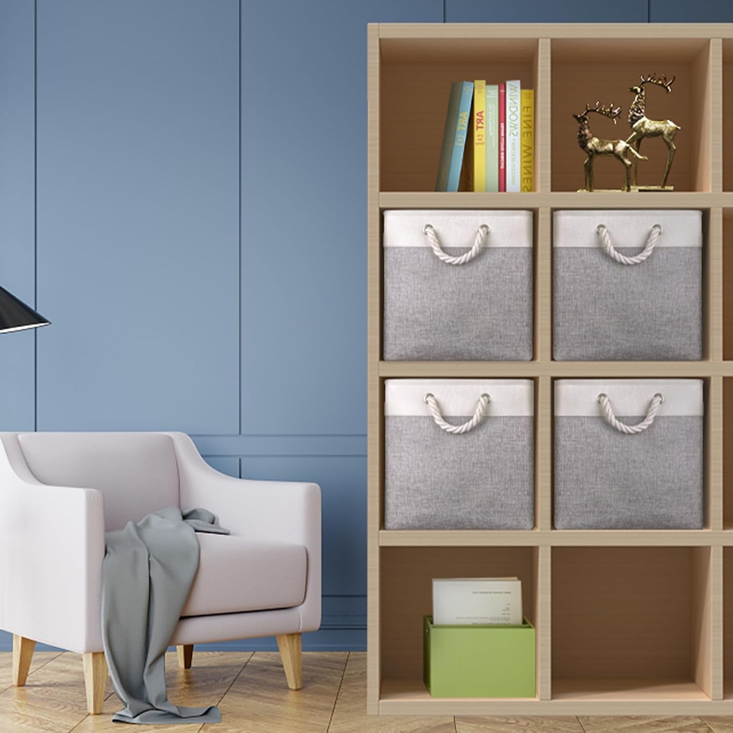 Foldable Storage Basket Fabric 13 Inch Cube Storage Bins with Hard Bottom &Sturdy Handles Storage Cube for Shelf Closet Home (Grey , 4-Pack)