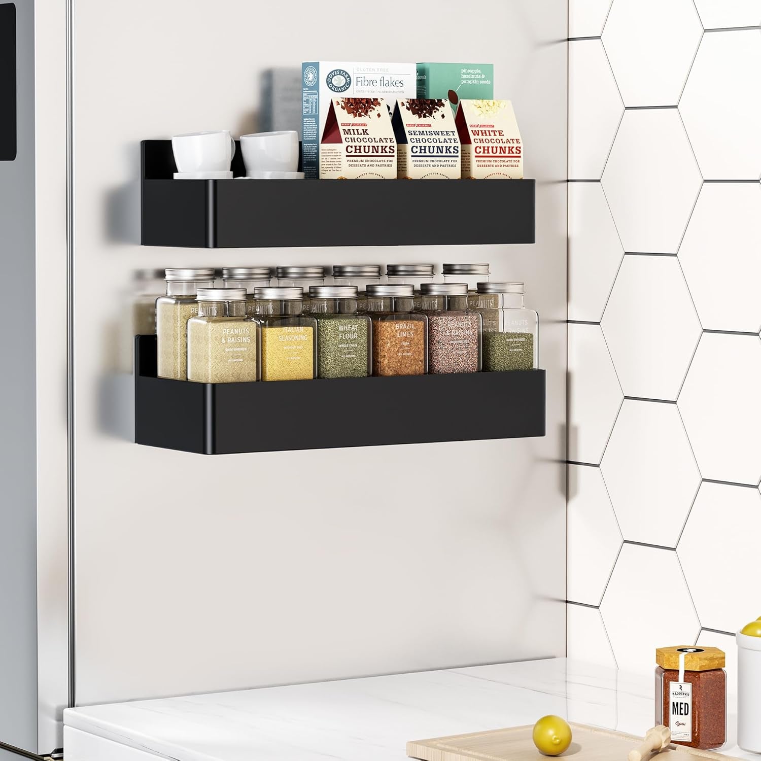 Magnetic Spice Rack for Refrigerator, Kitchen Organizer and Storage Shelf, Black (4 Pack)…