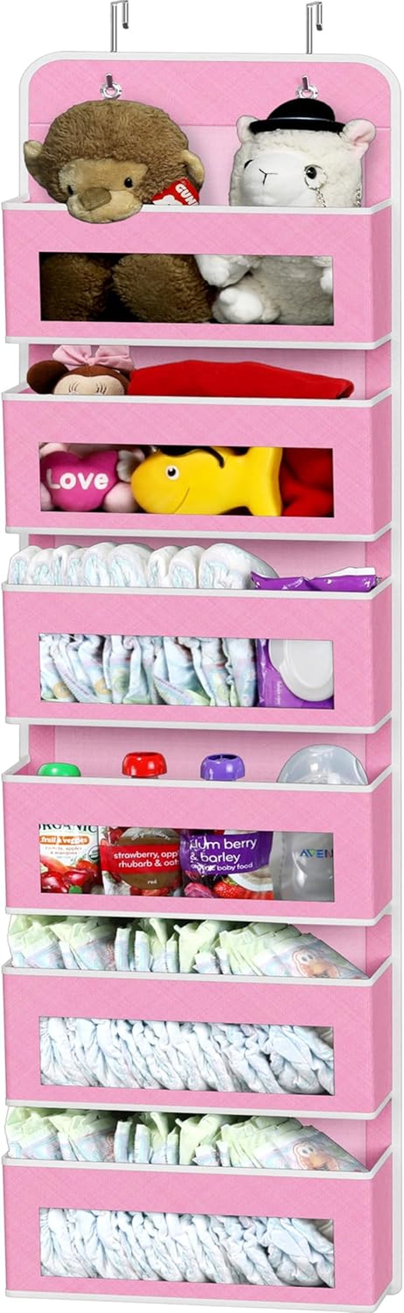 4 Clear Window Pocket over Closet Door Storage Hanging Organizer for Bedroom, Bathroom, Pantry, Pink