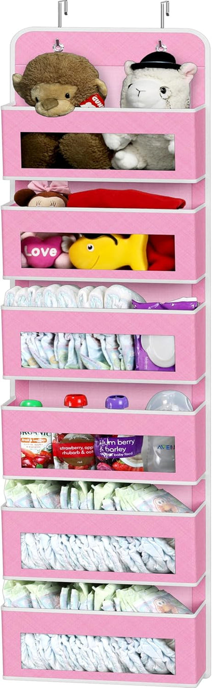 4 Clear Window Pocket over Closet Door Storage Hanging Organizer for Bedroom, Bathroom, Pantry, Pink