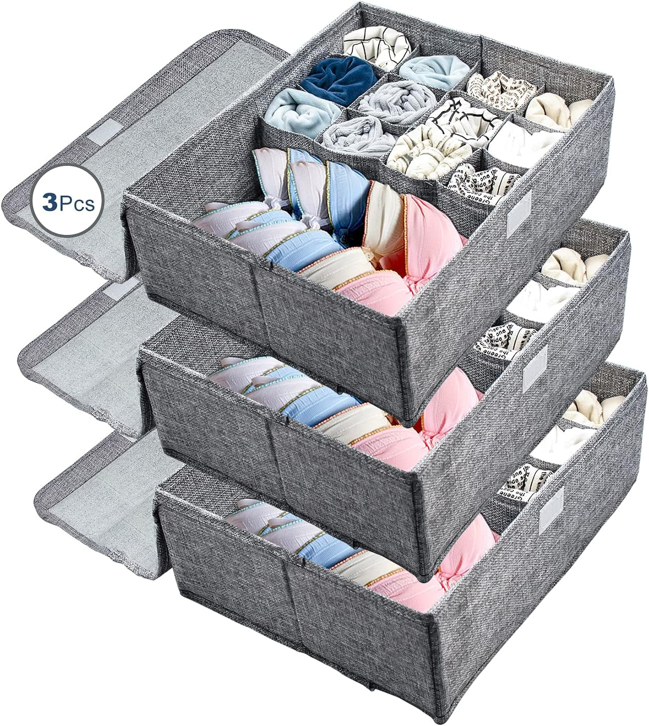3 Pack Closet Underwear Organizer Storage Box with Lid, 13 Cell Collapsible Dustproof Linen Cabinet Drawer Dividers Organizers, Washable Storage Boxes for Clothes Socks Lingerie Ties Scarves(Gray)