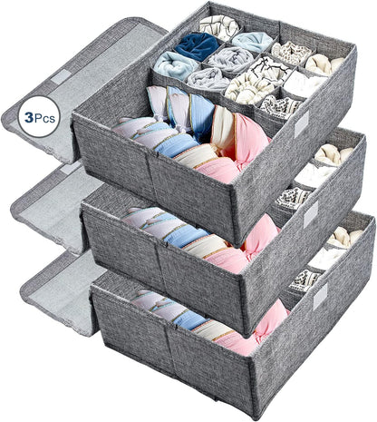 3 Pack Closet Underwear Organizer Storage Box with Lid, 13 Cell Collapsible Dustproof Linen Cabinet Drawer Dividers Organizers, Washable Storage Boxes for Clothes Socks Lingerie Ties Scarves(Gray)