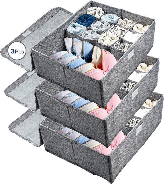 3 Pack Closet Underwear Organizer Storage Box with Lid, 13 Cell Collapsible Dustproof Linen Cabinet Drawer Dividers Organizers, Washable Storage Boxes for Clothes Socks Lingerie Ties Scarves(Gray)