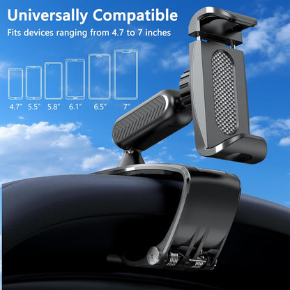 360° Dashboard Phone Clip Holder - Universal Clamp for 4-7” Smartphones (Black)